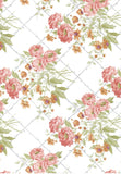 A repeating floral pattern featuring pink peonies, small orange flowers, and green leaves over a white background with a faint gray diamond lattice.