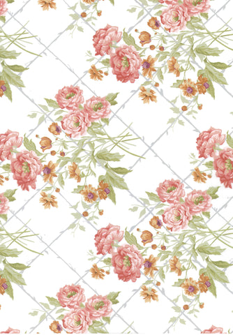 A repeating floral pattern featuring pink peonies, small orange flowers, and green leaves over a white background with a faint gray diamond lattice.