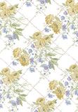 A repeating floral pattern on a white background featuring yellow roses, blue flowers, and green leaves over a light pink lattice design.