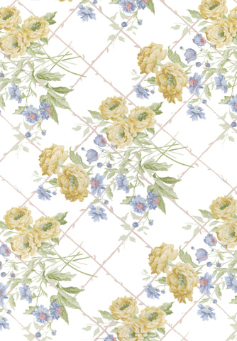 A repeating floral pattern on a white background featuring yellow roses, blue flowers, and green leaves over a light pink lattice design.