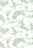 A repeating floral toile pattern featuring light sage green roses and leaves on a clean white background.