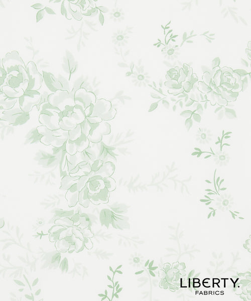 Liberty Fabrics floral pattern fabric featuring light sage green rose and leaf motifs on a warm off-white background, with the 'LIBERTY FABRICS' brand logo in the bottom right corner.