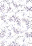A repeating floral toile-style pattern with lavender and gray flowers, leaves, and small vine motifs on a white background.