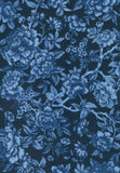 A close-up of a floral toile pattern in shades of blue on a dark navy background, featuring large peony-like flowers and leaves.