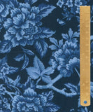 Blue floral toile pattern fabric with a wooden ruler on the right side for scale.