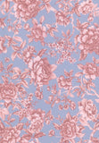 A repeating floral toile pattern with large pink peony-like flowers and leaves on a light periwinkle blue background.