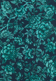 A close-up of a repeating floral pattern featuring large teal peony-like flowers and leaves on a dark navy background.