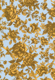 A repeating floral pattern featuring large golden-yellow peony-like flowers and leaves on a light blue background.