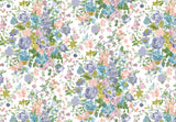 A repeating watercolor floral pattern featuring blue, purple, pink, and green flowers on a white background.