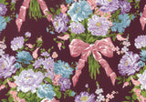 A repeating floral pattern featuring bouquets of light blue, lavender, and white flowers with pink ribbons, set against a dark burgundy background.