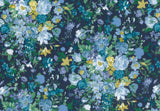 A dense floral pattern featuring light blue, white, and yellow flowers with green leaves on a dark navy blue background.