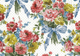 A repeating floral pattern featuring bouquets of pink, red, yellow, and blue flowers with light blue ribbons, set on a white background with small gray polka dots.