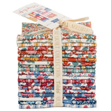 A stack of folded fabric pieces tied with a beige ribbon, featuring various floral and striped patterns in red, blue, green, orange, and yellow on white backgrounds. A paper tag is attached at the top.