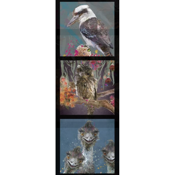KARIN ROBERTS COLLECTION Kookaburra, Owl, Emu 3 Block Panel - SALE $7.00