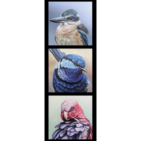 CHRIS RILEY COLLECTION Kingfisher Wren Galah 3 Block Panel - SALE $7.00