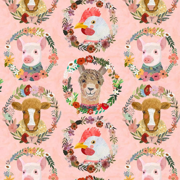 FARM FRIENDS Badges Pink - FAT QUARTER