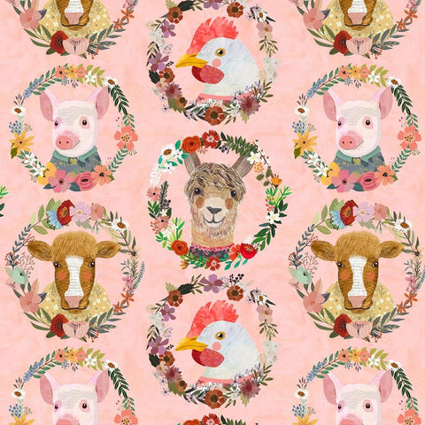 FARM FRIENDS Badges Pink - FAT QUARTER