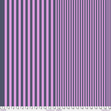 A flat striped fabric or material swatch with alternating vertical pink and dark slate purple stripes, shown close up with small white size labels along the bottom edge.