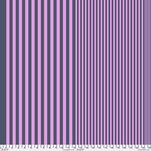 A flat striped fabric or material swatch with alternating vertical pink and dark slate purple stripes, shown close up with small white size labels along the bottom edge.