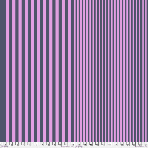 A flat striped fabric or material swatch with alternating vertical pink and dark slate purple stripes, shown close up with small white size labels along the bottom edge.