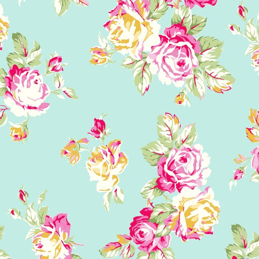 PICNIC Large Floral Gold Aqua - FAT QUARTER