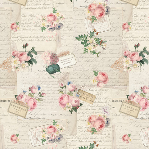 ROSE & VIOLET'S GARDEN Floral Script Cream - FAT QUARTER
