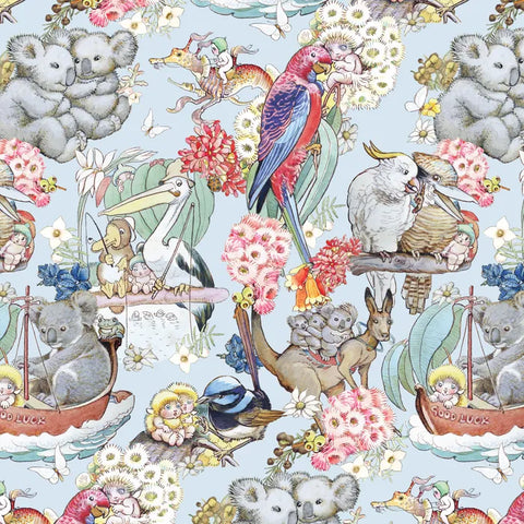 MAY GIBBS COLLECTION Backing Fabric Gumnut Adventures Light Blue Wideback (Extra Wide) - NEW ARRIVAL