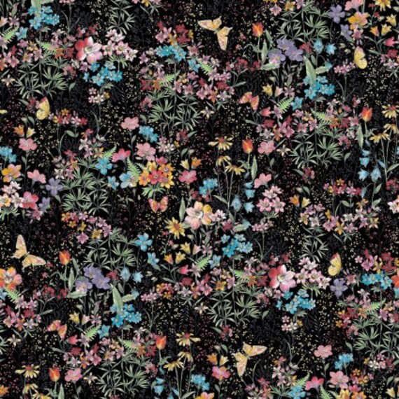 MEADOW EDGE Packed Flower Black - FAT QUARTER