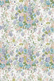 Portrait view of Liberty Tana Lawn fabric with blue, purple, pink and green floral motifs on a white background.
