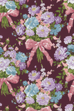 Portrait view of Liberty Tana Lawn fabric with light blue, lavender and white flowers, pink ribbon bows and green leaves on a dark burgundy background.