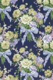 Portrait view of Liberty Tana Lawn fabric with pink, cream, blue and purple bow-floral motifs on a dark navy blue background.