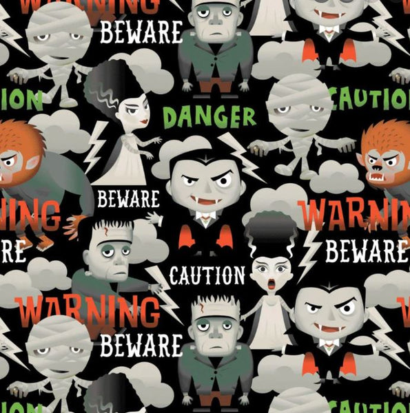CHARACTER HALLOWEEN 2 Beware Caution Danger - FAT QUARTER