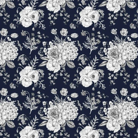 DEVONSTONE LAWN Sketch Floral Navy Blue (Extra Wide) -  SALE $17.00 p/m