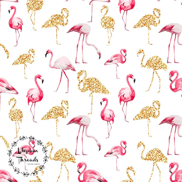CUSTOM DIGITAL WOVEN (Cotton Sateen 150gsm) Glitter Flamingos - White 25cm
