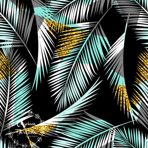 CUSTOM DIGITAL KNIT Bamboo 220gsm Golden Palms - Tri Palm Leaves on Black