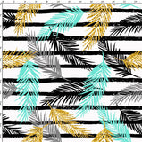 CUSTOM DIGITAL FABRIC Golden Palms - Tri Palm Leaves on White with Stripes