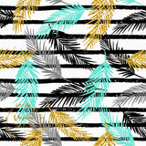 CUSTOM DIGITAL FABRIC Golden Palms - Tri Palm Leaves on White with Stripes