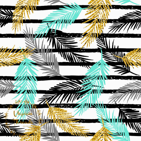 CUSTOM DIGITAL FABRIC Golden Palms - Tri Palm Leaves on White with Stripes