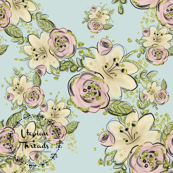 CUSTOM DIGITAL WOVEN (Cotton Sateen 130gsm) Cutieful Kittens - Floral Aqua 50cm