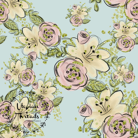CUSTOM DIGITAL WOVEN (Cotton Sateen 130gsm) Cutieful Kittens - Floral Aqua 50cm