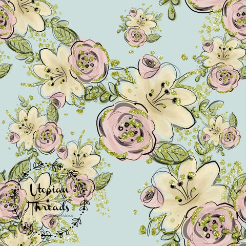 CUSTOM DIGITAL WOVEN (Cotton Sateen 130gsm) Cutieful Kittens - Floral Aqua