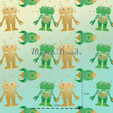 CUSTOM DIGITAL WOVEN (Cotton Sateen 130gsm)  Rockets & Robots - Green