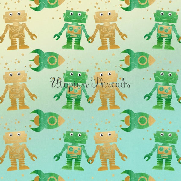 CUSTOM DIGITAL WOVEN (Cotton Sateen 130gsm)  Rockets & Robots - Green