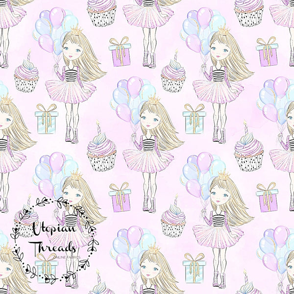 CUSTOM DIGITAL WOVEN (Cotton Sateen 130gsm) Party Sparkles - Birthday Girl Light Pink Lilac